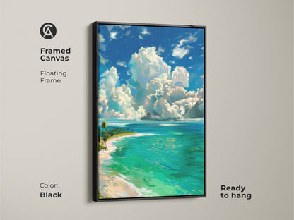 Enhance your decor with this framed canvas art featuring a serene beach scene. The black floating frame adds a modern touch to the turquoise waters and white sand. This artwork arrives ready to hang and enjoy.