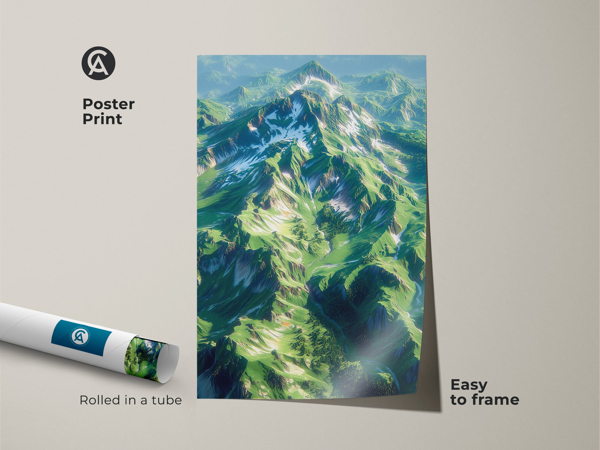This poster print features a captivating aerial view of green mountains. This easy-to-frame artwork is perfect for adding a touch of nature to your decor. Rolled and protected this mountain landscape poster will look great.