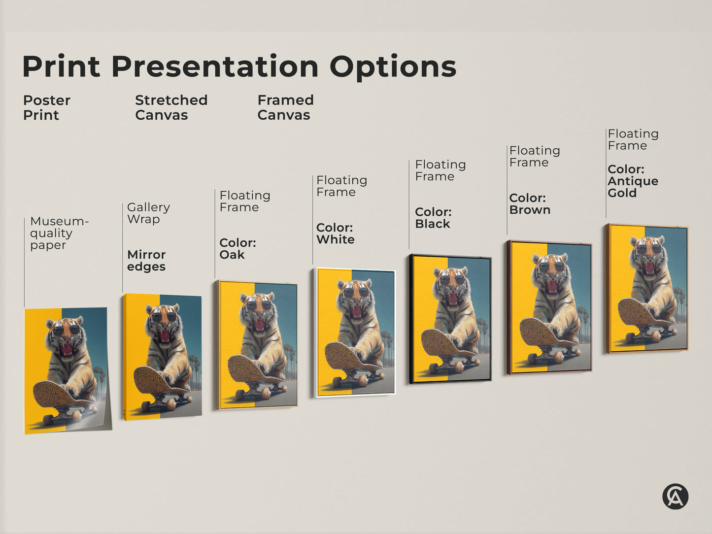 Explore print presentation options for the skateboarding tiger art. Choose from poster prints or stretched canvas. Select a framed canvas with various floating frame colors. Find the perfect style to showcase this surreal wildlife artwork in your space. It is a great gift for animal lovers.