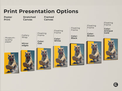 Explore print presentation options for the skateboarding tiger art. Choose from poster prints or stretched canvas. Select a framed canvas with various floating frame colors. Find the perfect style to showcase this surreal wildlife artwork in your space. It is a great gift for animal lovers.