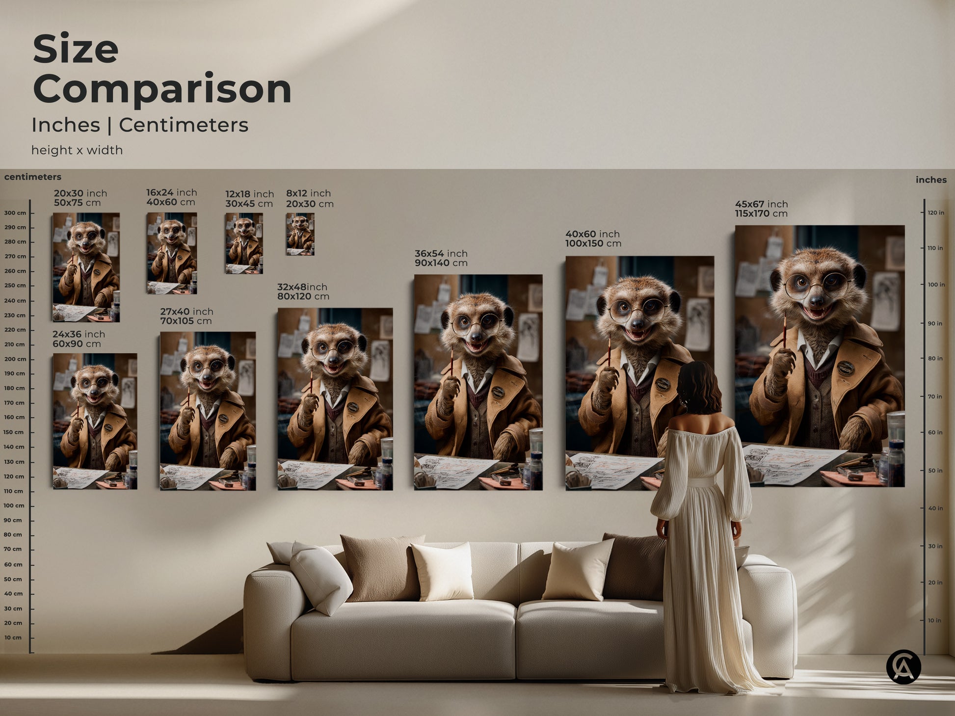 Size comparison chart showing the dapper meerkat artwork in inches and centimeters. Various print sizes and formats are displayed above a sofa. These sizes make great small medium or large statement art pieces for any home or office space.