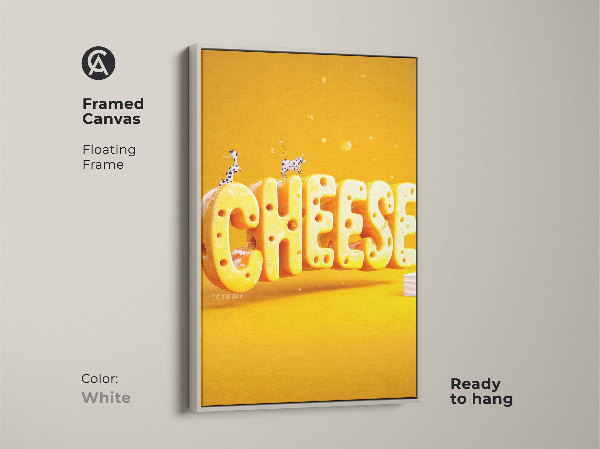 Framed canvas with a white frame displaying the 3D cheese word art. The floating frame creates a clean modern look. Ready to hang this kitchen art adds a playful touch. It is a unique canvas print for eclectic home decor.