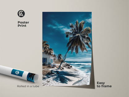 A poster print features a sunny beach with a palm tree and turquoise ocean. This beach artwork is easy to frame. The poster is rolled in a tube for protection. Perfect for coastal decor.