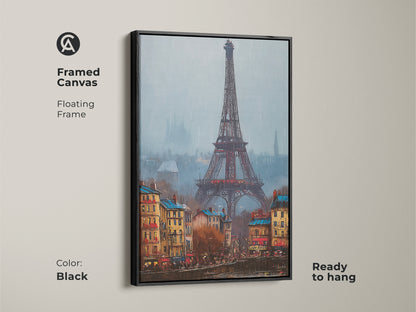 Framed canvas art of the Eiffel Tower with a black floating frame. The classic Parisian scene will enhance your home. Ready to hang and enjoy in any room. A statement piece for lovers of European travel.