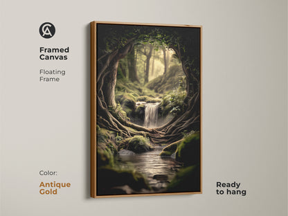 Antique gold framed canvas displays a floating frame and captivating fantasy nature artwork. The piece features cascading waterfall art. This biophilic art print is ready to hang.