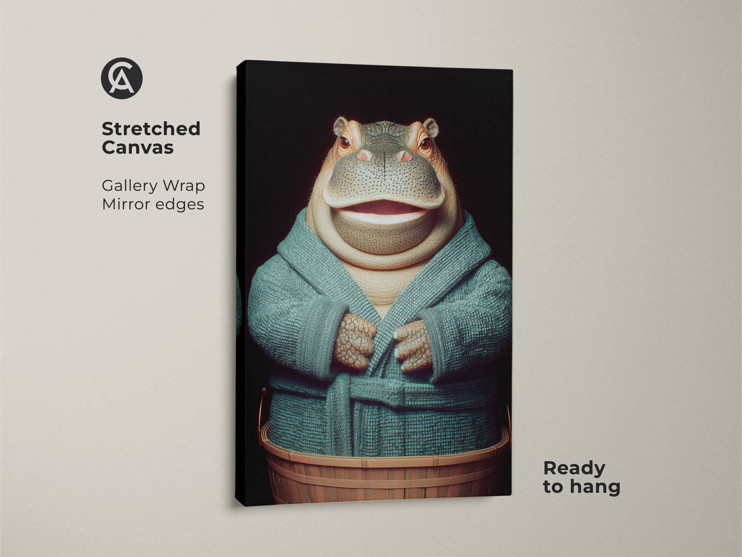 A stretched canvas features a hippopotamus in a teal robe. It's ready to hang and adds humor to any room. Gallery wrapped with mirrored edges makes it a housewarming gift for animal lovers. The hippo is in a wooden tub ready for bath time. Sophisticated animal art for your home.