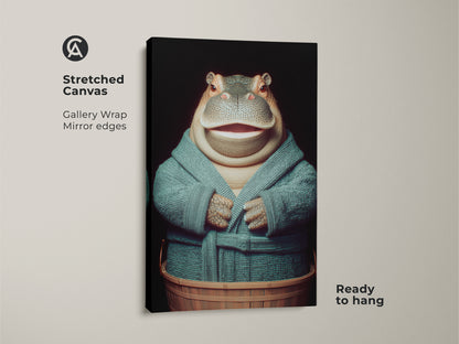 A stretched canvas features a hippopotamus in a teal robe. It's ready to hang and adds humor to any room. Gallery wrapped with mirrored edges makes it a housewarming gift for animal lovers. The hippo is in a wooden tub ready for bath time. Sophisticated animal art for your home.