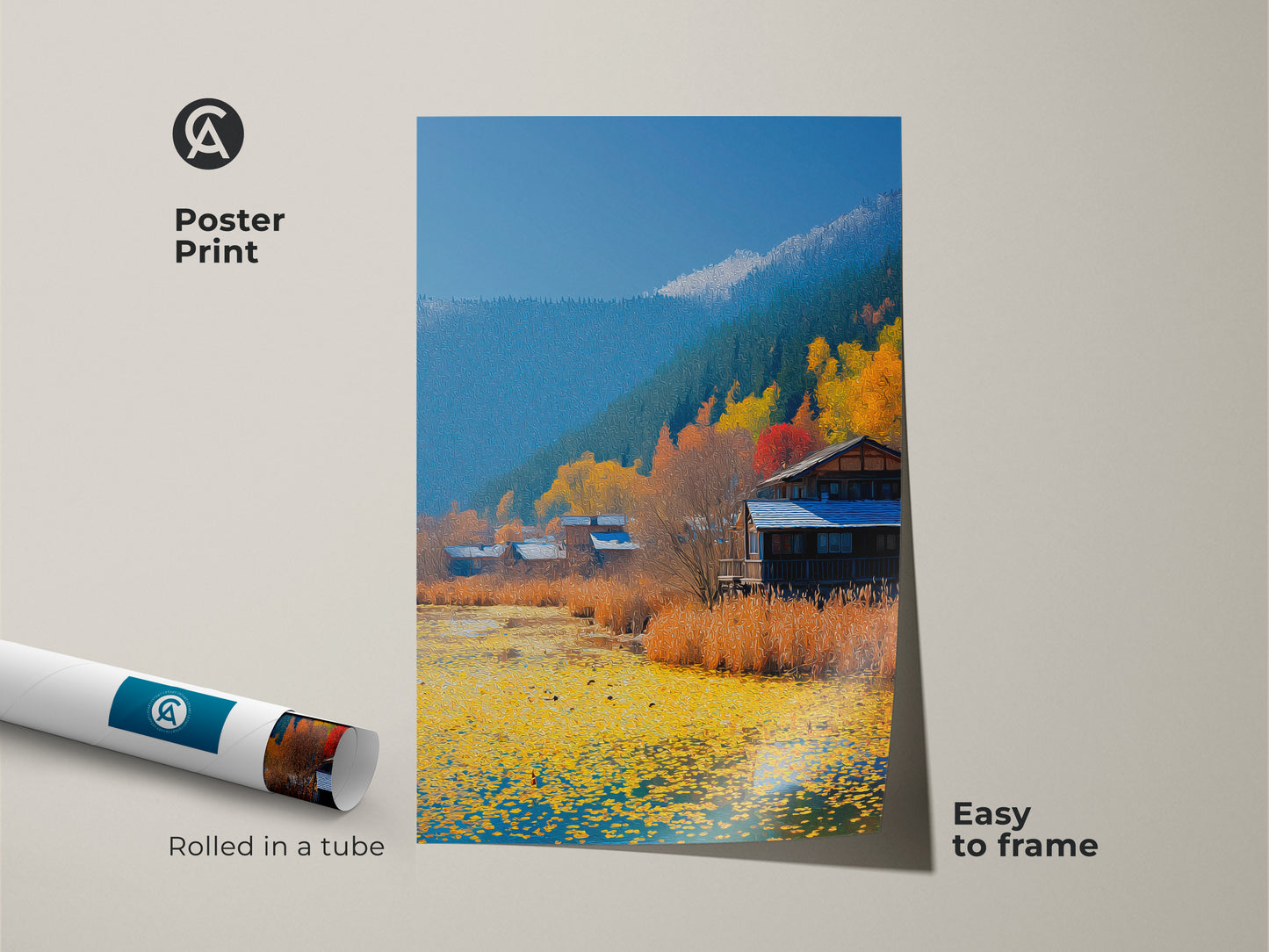 Autumn lake scene wall art as a poster print rolled in a tube. This folk art farmhouse decor is easy to frame. The yellow orange and blue wall art is museum-quality.