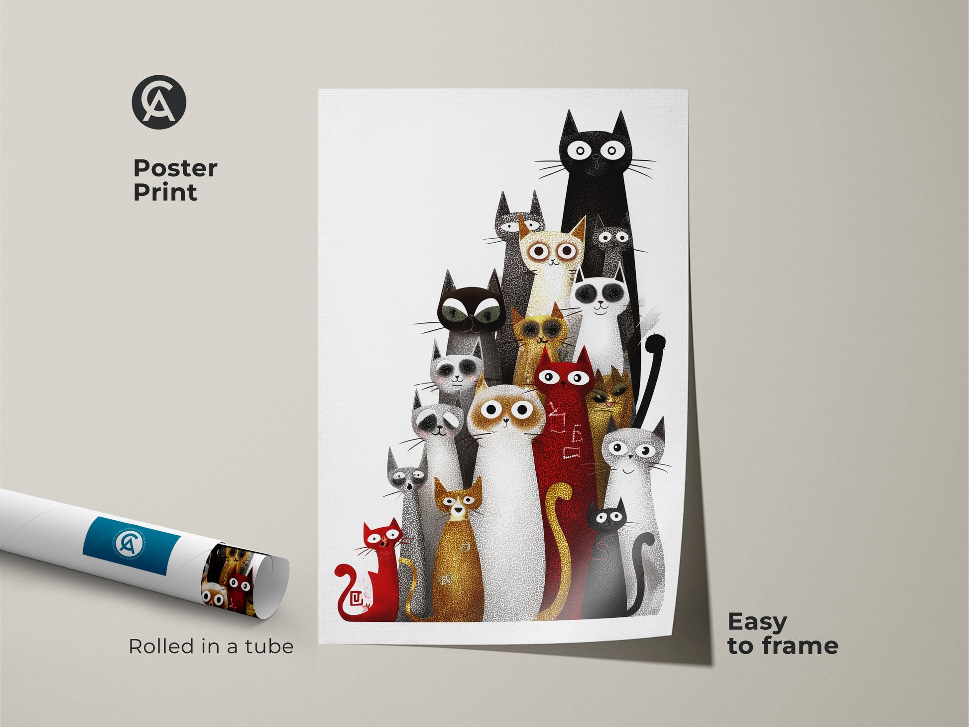 A poster print displays eclectic cat wall artwork rolled in a tube easy to frame. The black white and red animal art features cartoon cats. This unique feline home decor is perfect for cat moms and dads looking to add a modern touch to their living space.