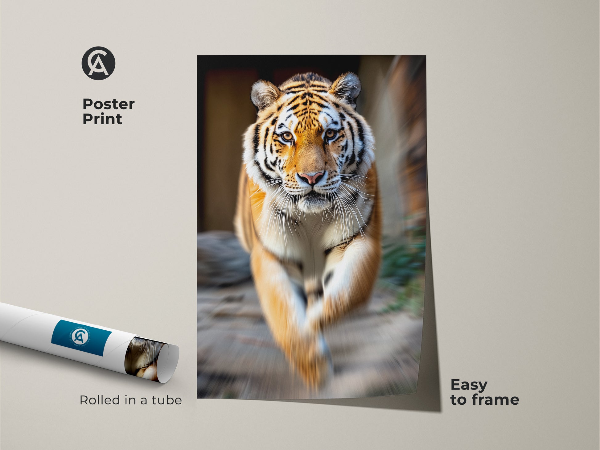 Poster print of a photorealistic tiger rolled in a tube. Easy to frame the orange black animal artwork. This wildlife print is a great gift for wildlife lovers art.