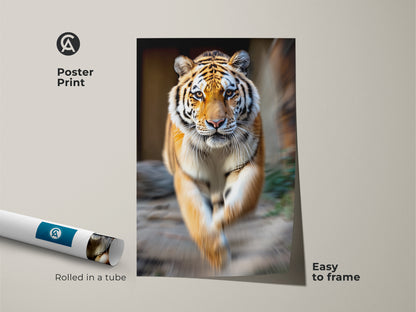 Poster print of a photorealistic tiger rolled in a tube. Easy to frame the orange black animal artwork. This wildlife print is a great gift for wildlife lovers art.