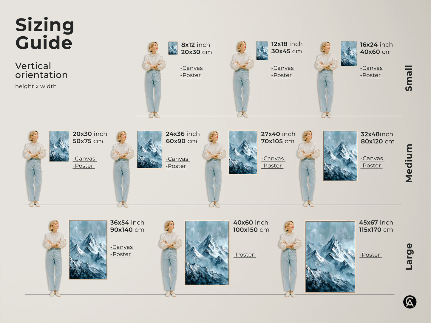 Sizing guide for vertical mountain art prints. Available as canvas or poster in small medium and large sizes. Find the perfect fit for your space with our easy-to-follow sizing options.