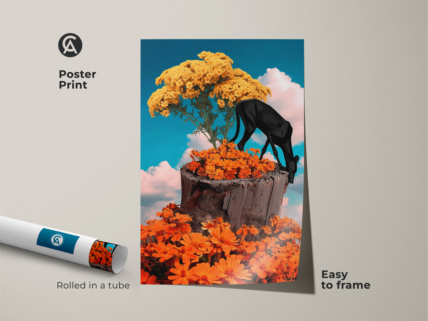 Poster print of a surreal black panther art. It includes fantasy nature collage. The eclectic floral wall decor with orange flowers and a yellow tree adds charm to any space. This dreamy fantasy print is easy to frame. Rolled in a tube for convenience.