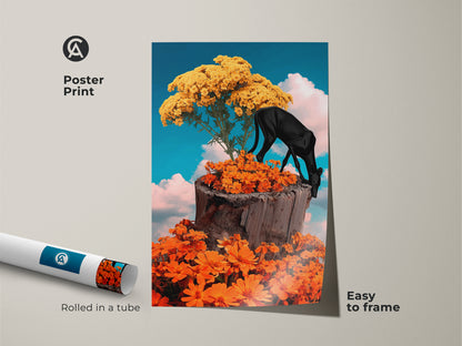 Poster print of a surreal black panther art. It includes fantasy nature collage. The eclectic floral wall decor with orange flowers and a yellow tree adds charm to any space. This dreamy fantasy print is easy to frame. Rolled in a tube for convenience.