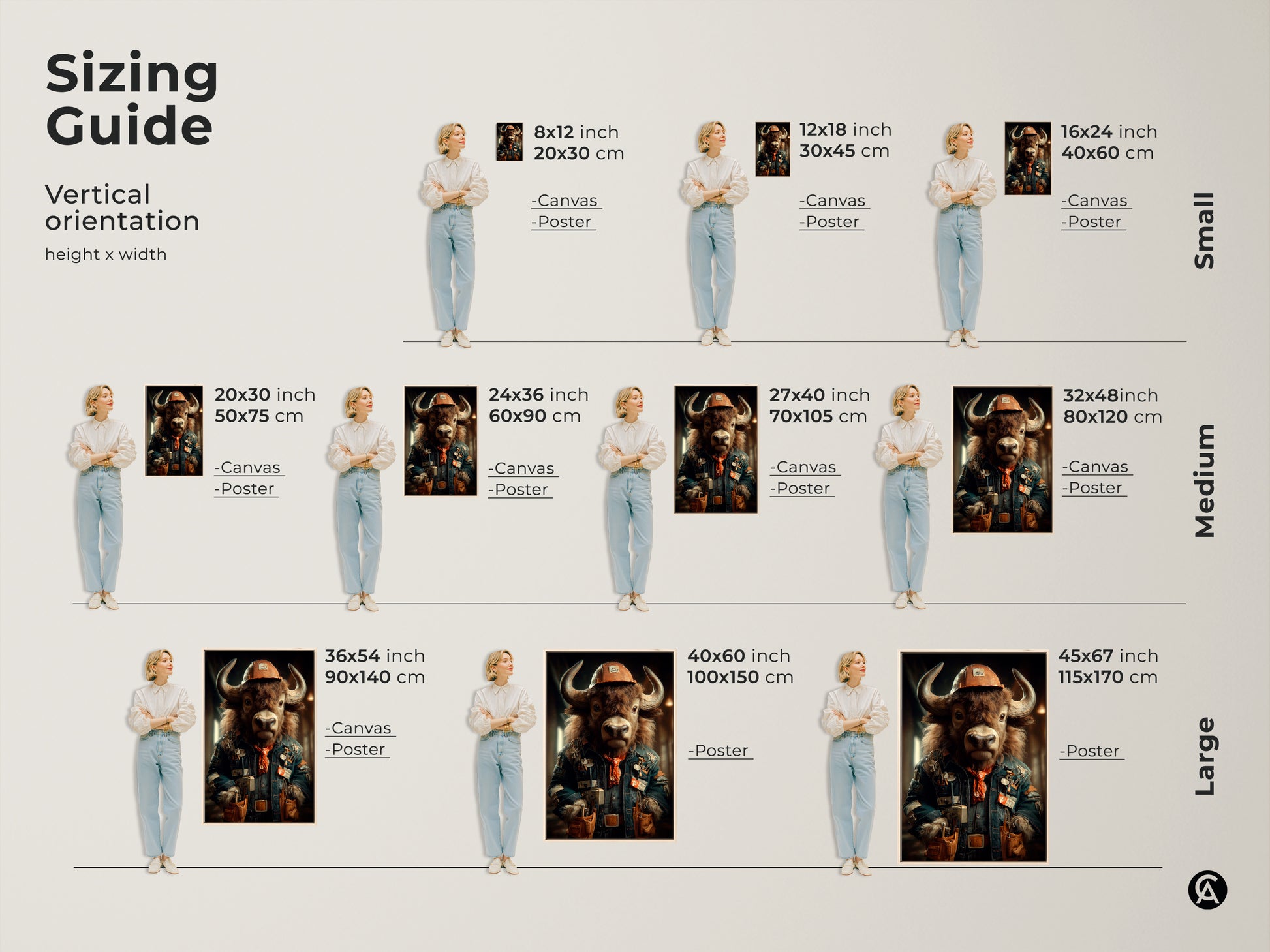 The sizing guide shows the vertical orientation of the buffalo art canvas and poster. Various sizes are available from small to large. Find the perfect size of anthropomorphic buffalo artwork to fit your space. It is the perfect gift for DIY enthusiasts or construction workers.
