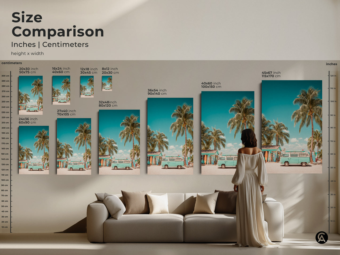Size comparison of beachside VW bus art prints in inches and centimeters. Visualize how different sizes fit in your space. Choose from various dimensions to perfectly complement your decor. Find the ideal artwork for your home.