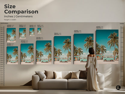 Size comparison of beachside VW bus art prints in inches and centimeters. Visualize how different sizes fit in your space. Choose from various dimensions to perfectly complement your decor. Find the ideal artwork for your home.
