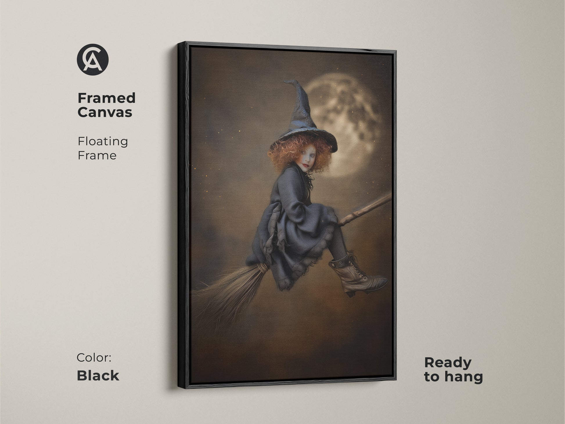 Black Framed Canvas showcasing gothic witch art. The floating frame enhances this Halloween fantasy art. Ready to hang childrens gothic decor. Perfect for a kids room or any space needing a touch of magic.