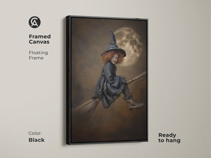 Black Framed Canvas showcasing gothic witch art. The floating frame enhances this Halloween fantasy art. Ready to hang childrens gothic decor. Perfect for a kids room or any space needing a touch of magic.