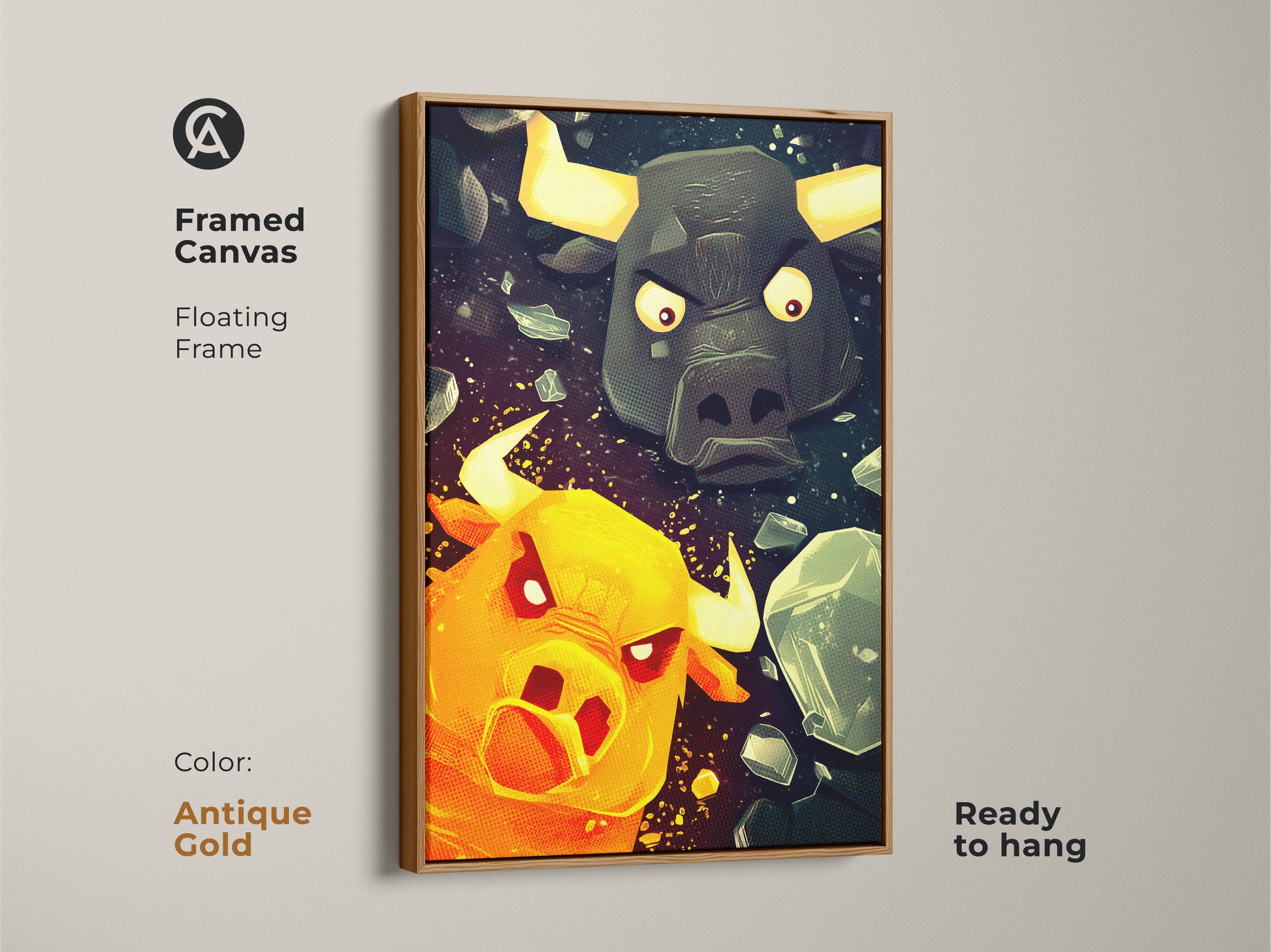 Framed canvas art showcasing a Minotaur and Bull. An antique gold floating frame and is ready to hang. The vibrant orange yellow and teal color scheme is an ideal gift for game fans. It brings a dynamic and eclectic feel to your office or Man Cave as unique wall decor.
