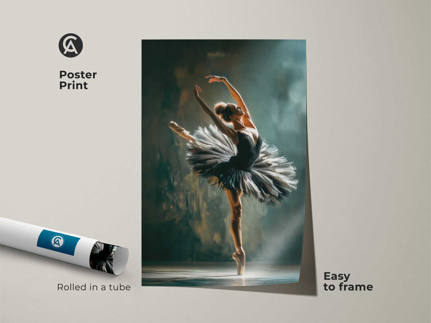 Ballerina poster print. The ballerina is shown in a black tutu. This museum-quality paper print arrives rolled in a tube. It is easy to frame. A great gift for ballet dancers and fans of dance art.
