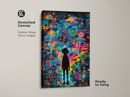 Stretched canvas art displaying a vivid graffiti-inspired artwork. A lone silhouette stands out against a backdrop of colorful monsters and abstract shapes. The gallery wrap and mirror edges provide a clean modern look. This piece is ready to hang and will transform any space.