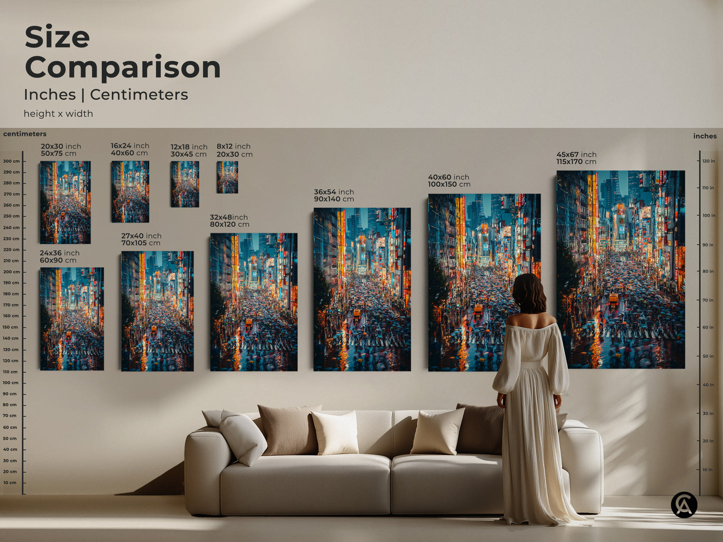 Size comparison of cityscape canvas art prints in a living room. This urban night photography is available in multiple sizes. Find the perfect fit for your space from small to large canvas options.