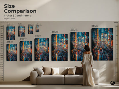 Size comparison of cityscape canvas art prints in a living room. This urban night photography is available in multiple sizes. Find the perfect fit for your space from small to large canvas options.