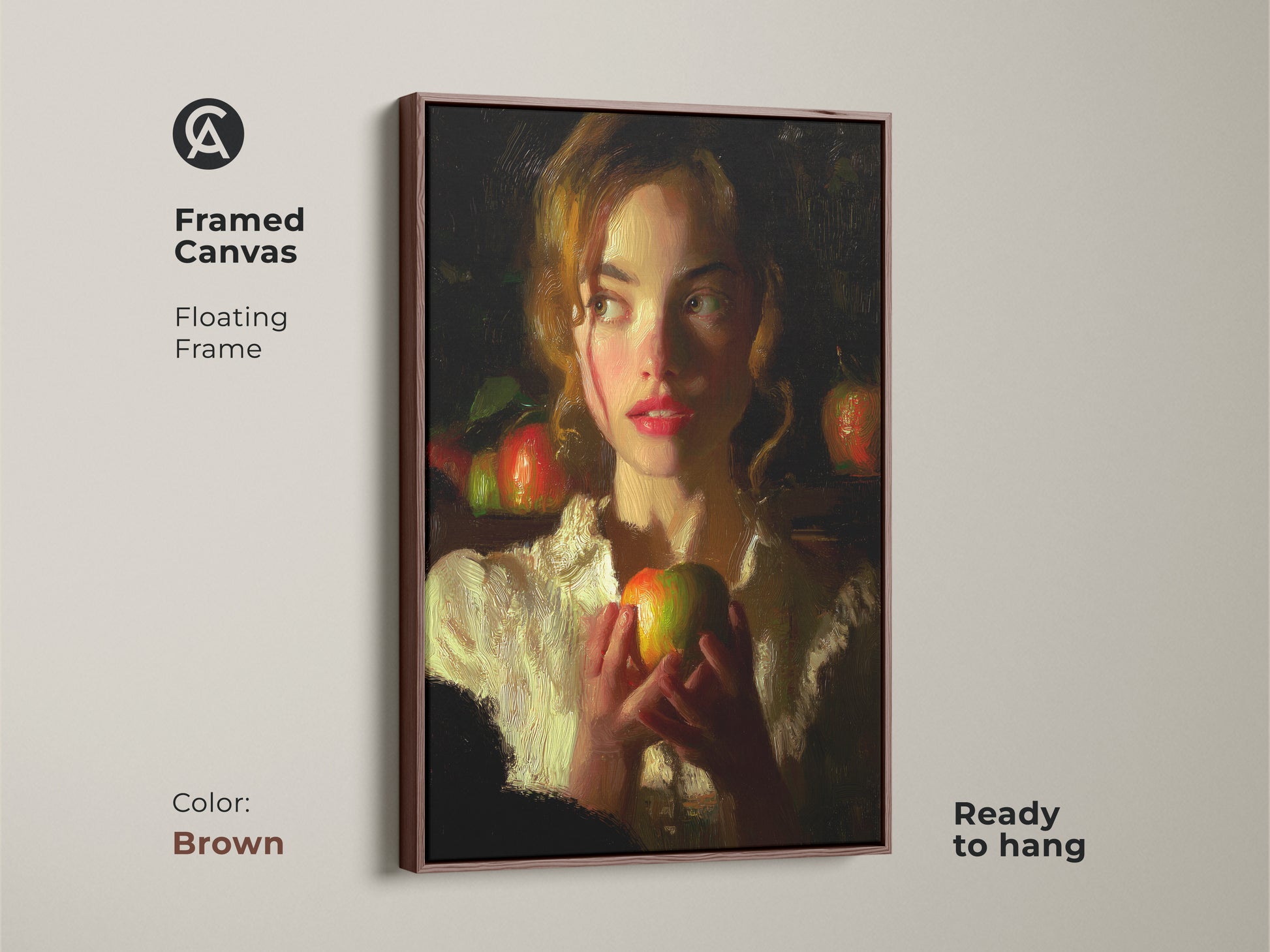 Framed canvas art featuring a woman with an apple in a brown floating frame. This traditional art print showcases a classical realism portrait. The warm ochre and deep red tones create a vintage style. It is perfect as bedroom decor or a sophisticated gift for art collectors.