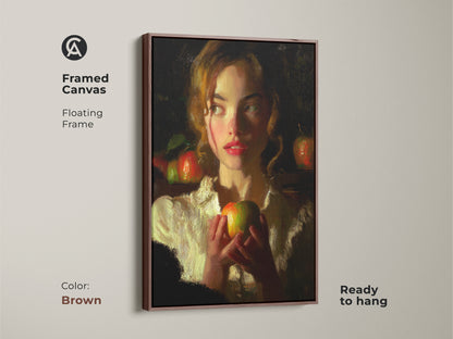 Framed canvas art featuring a woman with an apple in a brown floating frame. This traditional art print showcases a classical realism portrait. The warm ochre and deep red tones create a vintage style. It is perfect as bedroom decor or a sophisticated gift for art collectors.