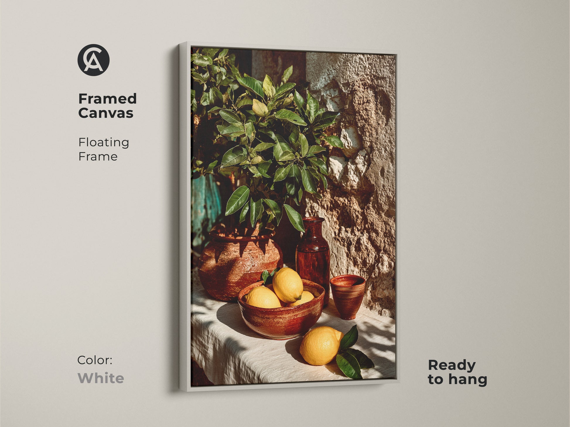 Adorn your walls with this stunning Mediterranean lemon artwork. Featuring terracotta pottery and a yellow and green palette. It is a sophisticated choice for kitchen decor or a foodie gift.