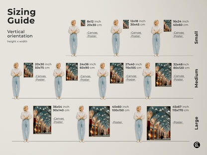 Sizing guide for Gothic Arches Wall Art. Vertical orientation for canvas and poster in small medium and large sizes. Dimensions in inches and centimeters. This art nouveau architectural print suits any space. Perfect teal blue gray canvas art.