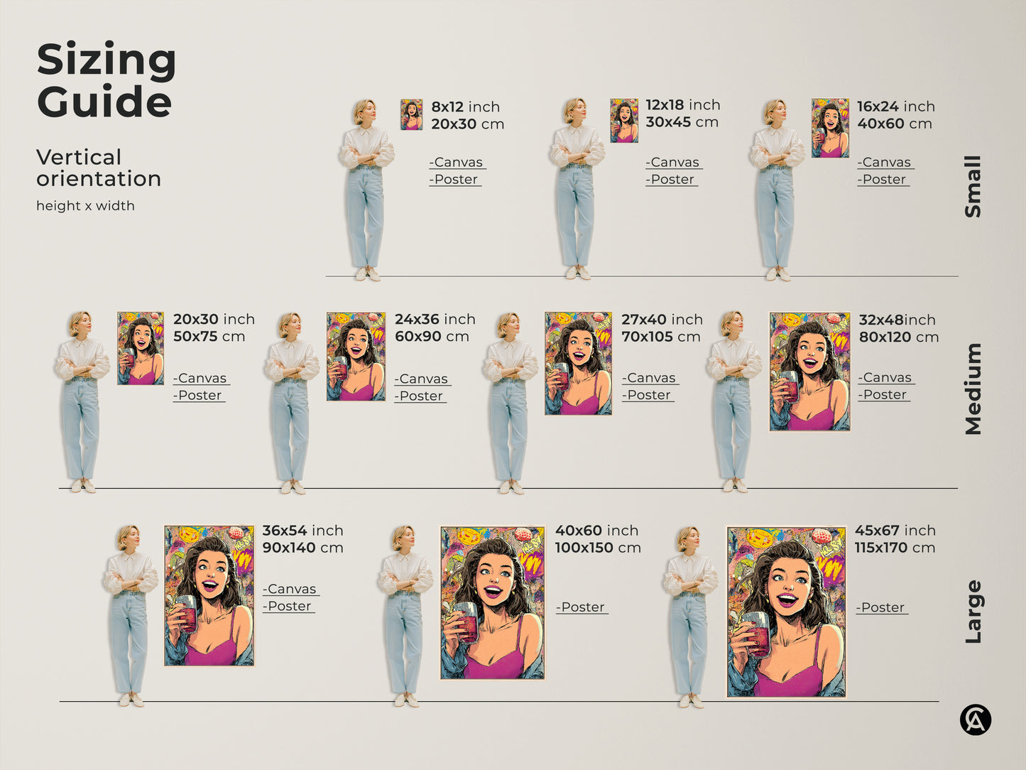 Sizing guide for vertical pop art woman canvas and poster prints. Small medium and large sizes available. Dimensions in inches and centimeters. This artwork adds a retro and eclectic touch to any room.