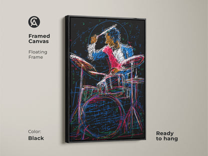 Black framed canvas featuring an abstract drummer sketch in red blue and black. This ready to hang artwork is perfect wall decor for music enthusiasts. Add an artistic flair to your space with this drummer art print.