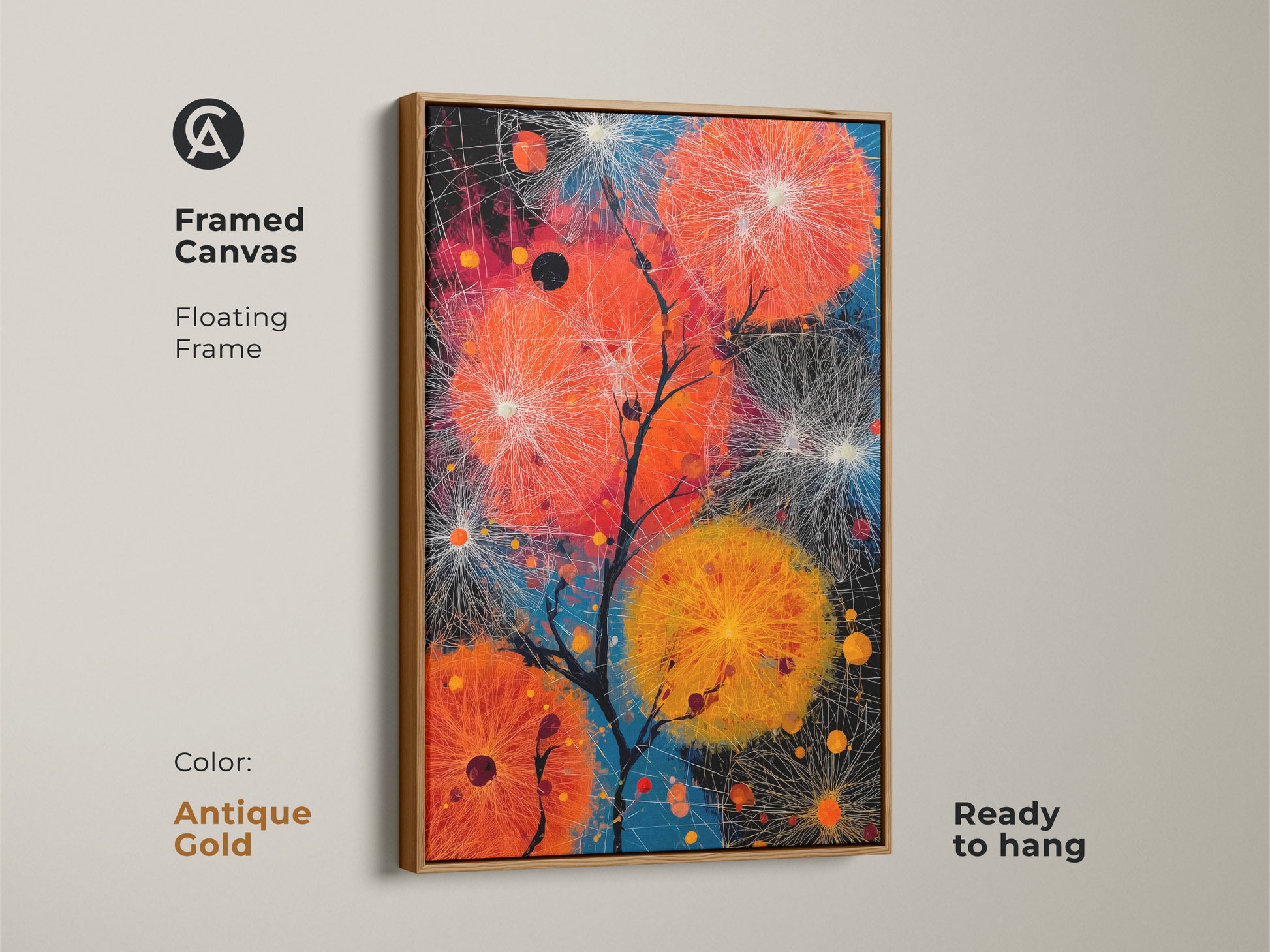 Antique gold framed canvas presenting abstract dandelion artwork. The warm frame enhances the contemporary vibe of this orange & blue nature print. Arrives ready to hang adding a unique touch to any space. An excellent housewarming gift idea.