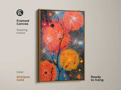 Antique gold framed canvas presenting abstract dandelion artwork. The warm frame enhances the contemporary vibe of this orange & blue nature print. Arrives ready to hang adding a unique touch to any space. An excellent housewarming gift idea.