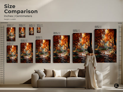 Compare sizes of this autumn artwork. See how it fits in your space. This captivating piece features a ginger cat on a leaf-covered path. Its available in various dimensions as canvas or poster