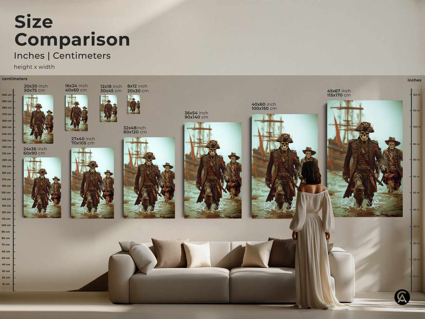 Size comparison of Skeleton Pirate Captain Art Prints. See how various sizes fit above a sofa. Options range from small to large in inches and centimeters. Visualize this gothic nautical fantasy artwork in a living room setting.