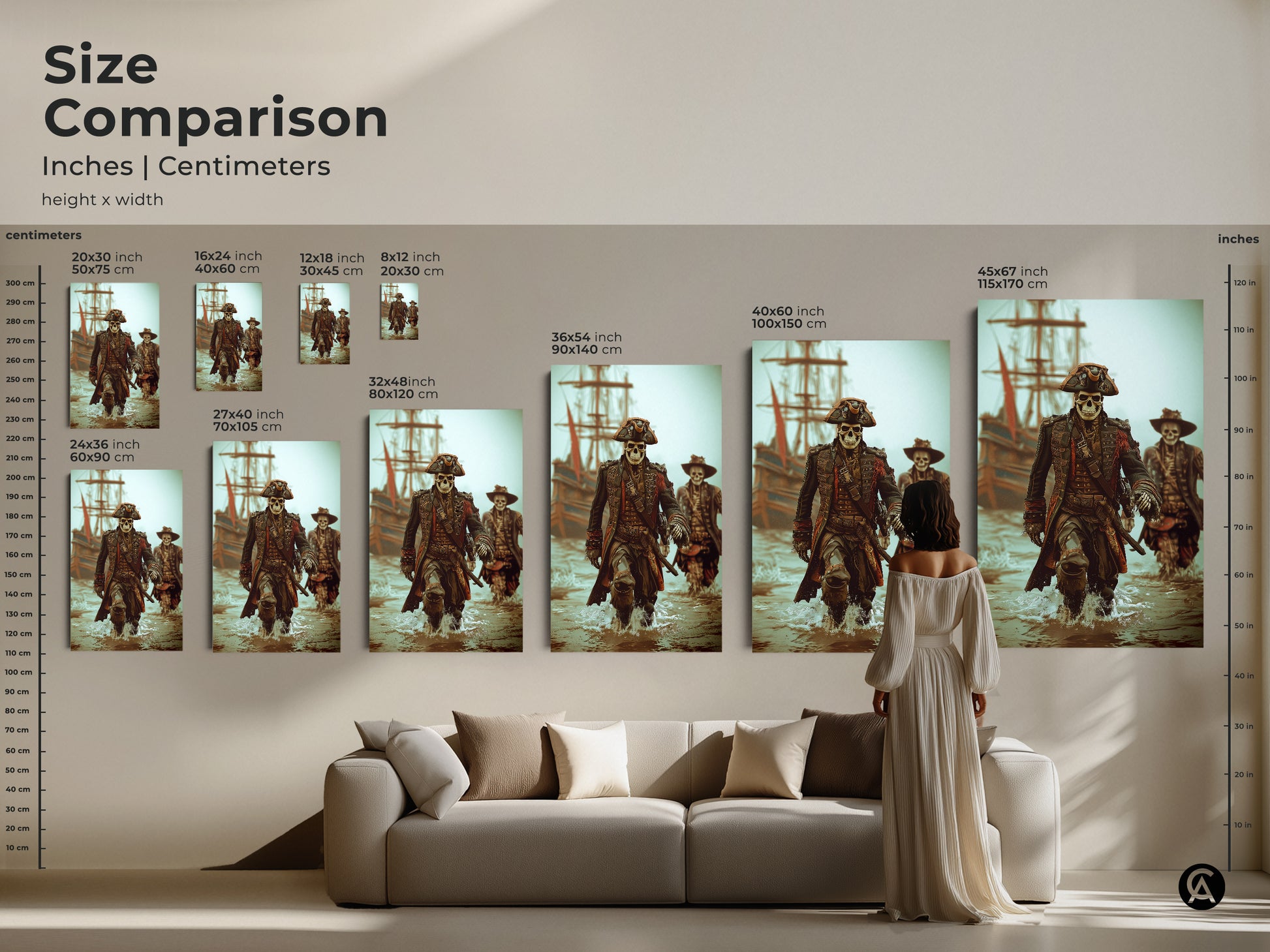 Size comparison of Skeleton Pirate Captain Art Prints. See how various sizes fit above a sofa. Options range from small to large in inches and centimeters. Visualize this gothic nautical fantasy artwork in a living room setting.