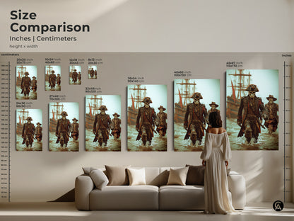 Size comparison of Skeleton Pirate Captain Art Prints. See how various sizes fit above a sofa. Options range from small to large in inches and centimeters. Visualize this gothic nautical fantasy artwork in a living room setting.