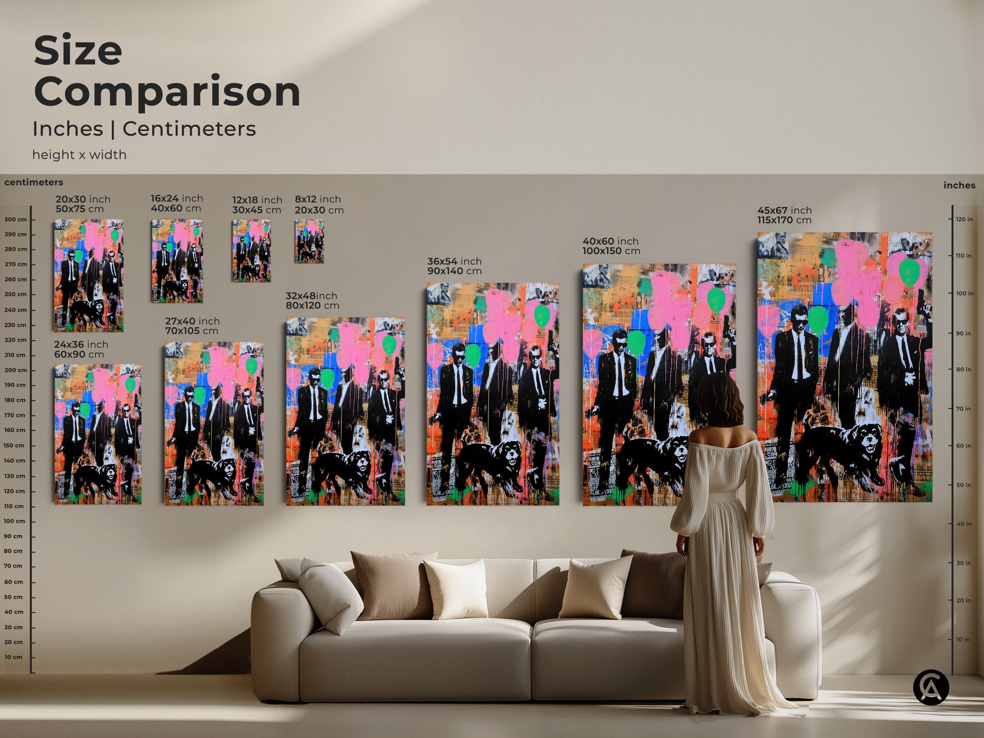 Size Comparison of Graffiti Men Suits Dog Art. See how the artwork fits above a sofa. Multiple sizes available to suit any room. Canvas and poster options for this urban pop art. Perfect for adding a statement to your eclectic home decor. Transform your space today.