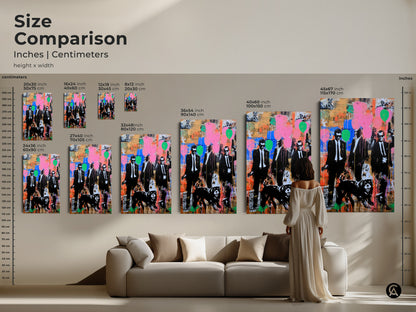 Size Comparison of Graffiti Men Suits Dog Art. See how the artwork fits above a sofa. Multiple sizes available to suit any room. Canvas and poster options for this urban pop art. Perfect for adding a statement to your eclectic home decor. Transform your space today.