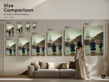 Compare sizes of gothic skeleton pirate art prints. This size comparison features inches and centimeters. Visualize how the artwork fits in your home. Perfect for man caves offices and nautical themed rooms. See the impact of different dimensions.