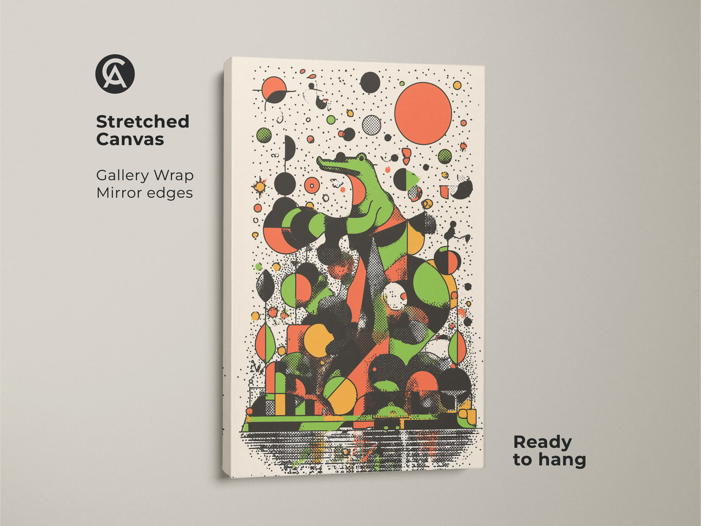Stretched canvas showcasing abstract crocodile art with gallery wrapped mirror edges. The retro animal wall art uses green geometric shapes and an orange black color scheme. Ready to hang perfect for eclectic office decor.