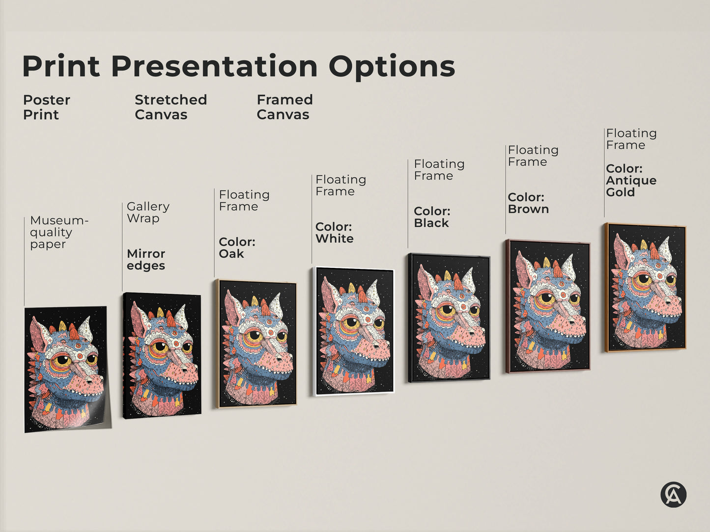 Print presentation options for a pop surrealism dragon art print. Options include poster print stretched canvas and framed canvas. Choose your favorite teal pink blue monster wall art.