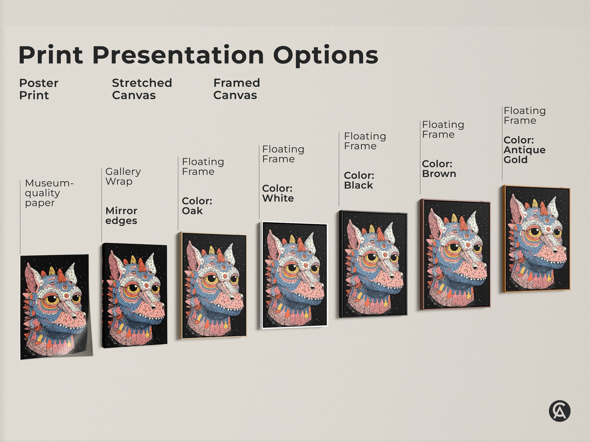Print presentation options for a pop surrealism dragon art print. Options include poster print stretched canvas and framed canvas. Choose your favorite teal pink blue monster wall art.