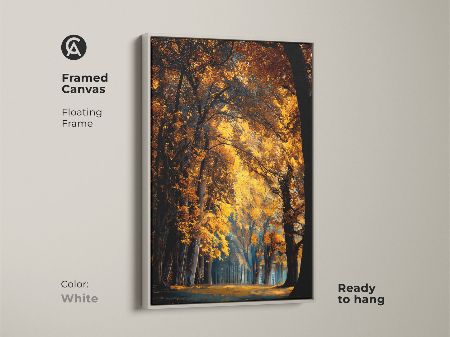 Framed canvas featuring autumn forest. The floating frame is white. The ready to hang artwork brings nature inside. This wall decor displays outdoor landscapes.