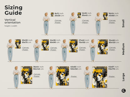 Sizing guide for vertical punk woman artwork. Available in small medium and large sizes. Choose from canvas or poster prints. Find the perfect fit for your space with our size comparison guide.