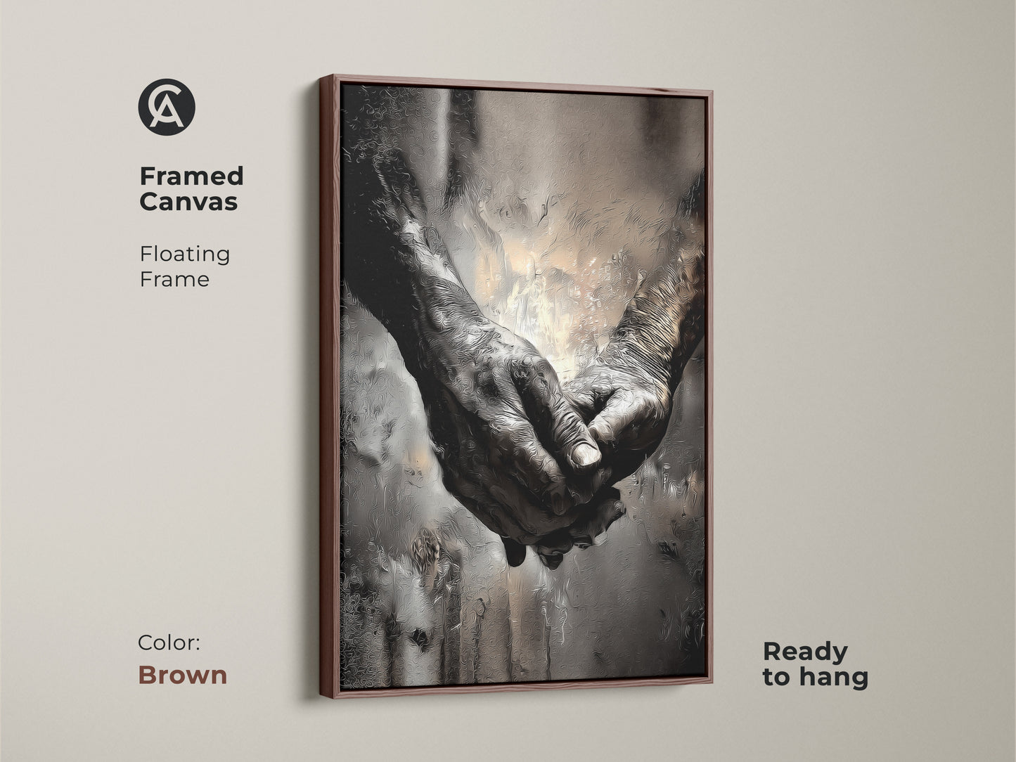 Brown framed canvas featuring intertwined elderly hands. Contemporary artwork symbolizes human connection and empathy. Its ready to hang in any bedroom. A unique anniversary gift for couples.