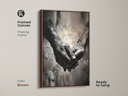 Brown framed canvas featuring intertwined elderly hands. Contemporary artwork symbolizes human connection and empathy. Its ready to hang in any bedroom. A unique anniversary gift for couples.